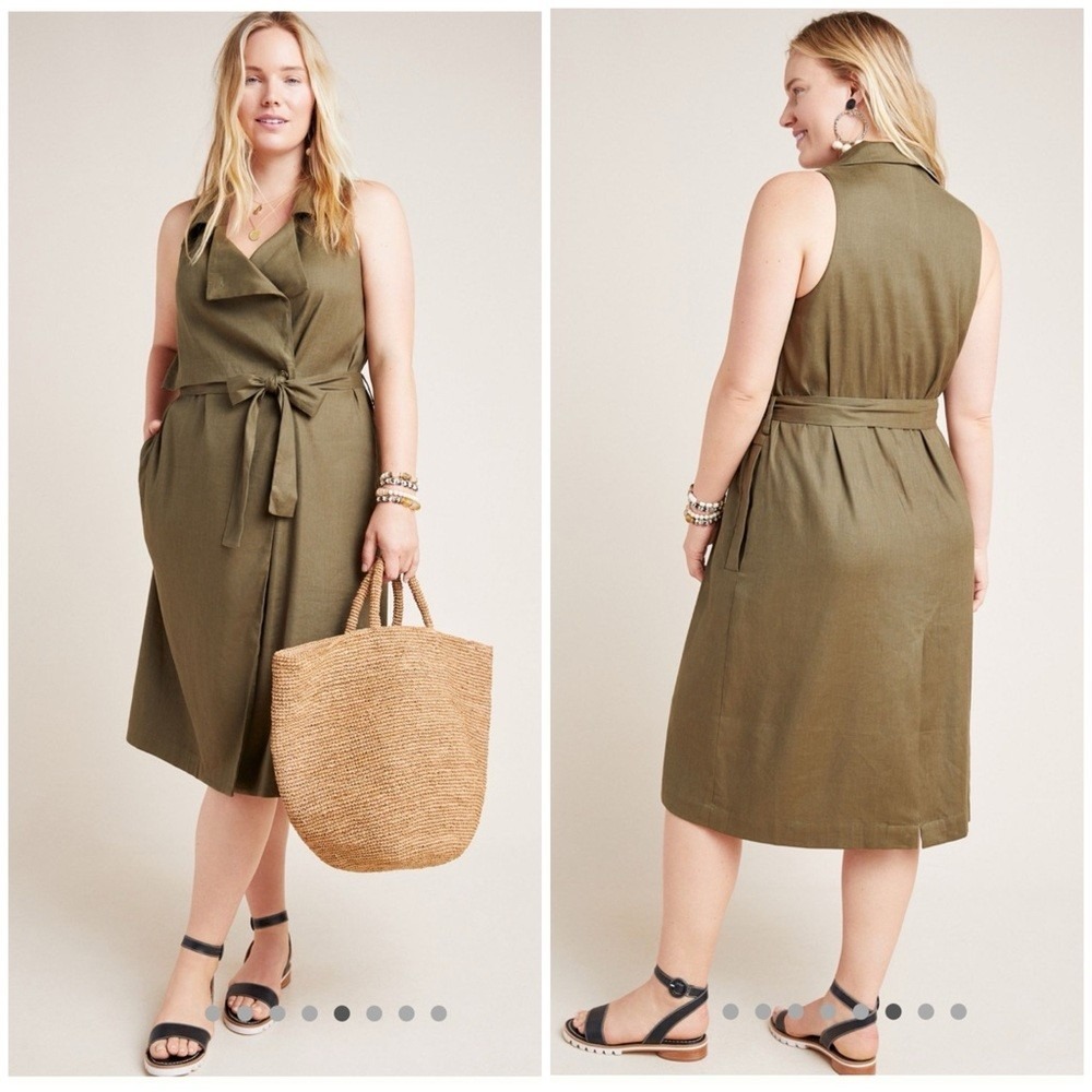 Anthropologie Hollis Tie Front Olive Sleeveless Trench Coat Vest Dress Sz Small - Picture 10 of 10